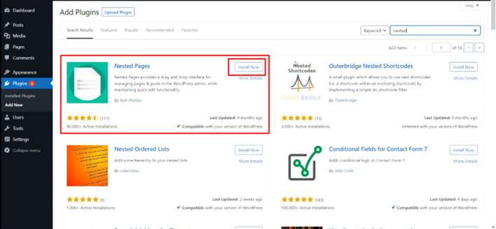 3. Now Install and Activate Nested Pages Plugin.
