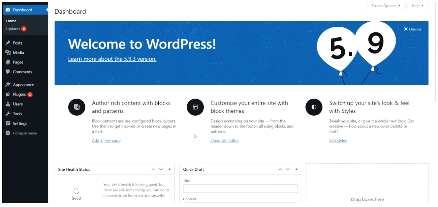 Install Wordpress and Go to the dashboard.